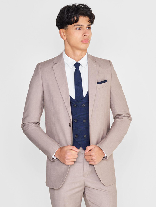 Boys neutral beige & navy check wedding suit